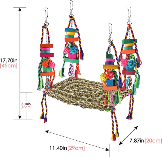 Bird Toys, Bird Foraging Wall Toy Large Size Seagrass Woven Climbing Hammock Swing Mat with Colorful Chewing Toys for Lovebird, Parakeet, Budgie, Conure, Cockatiel, Small Birds