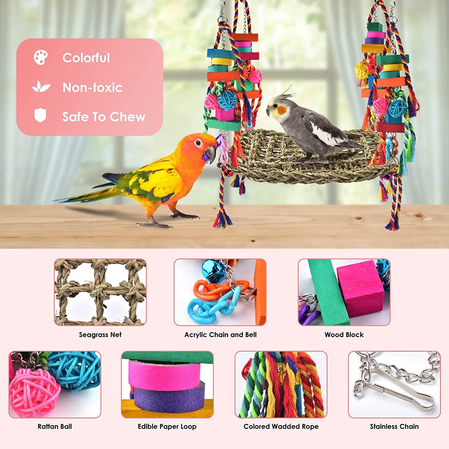 Bird Toys, Bird Foraging Wall Toy Large Size Seagrass Woven Climbing Hammock Swing Mat with Colorful Chewing Toys for Lovebird, Parakeet, Budgie, Conure, Cockatiel, Small Birds