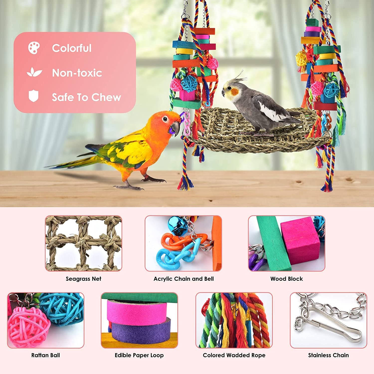 Bird Toys, Bird Foraging Wall Toy Large Size Seagrass Woven Climbing Hammock Swing Mat with Colorful Chewing Toys for Lovebird, Parakeet, Budgie, Conure, Cockatiel, Small Birds