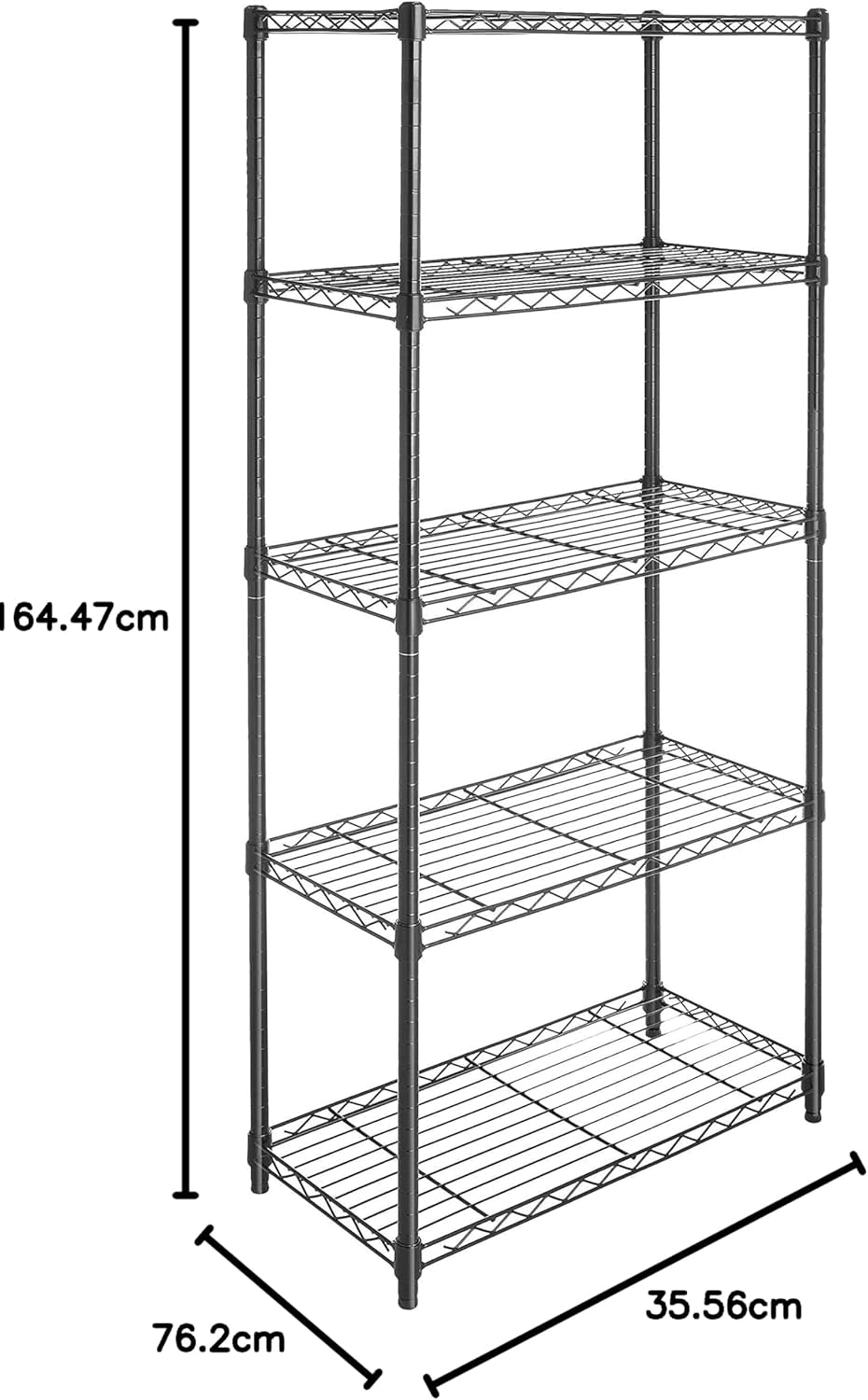 5-Shelf Adjustable, Heavy Duty Storage Shelving Unit on 10Cm Wheel Casters, Metal Organizer Wire Rack, Black (76L X 36W X 164H) Cm