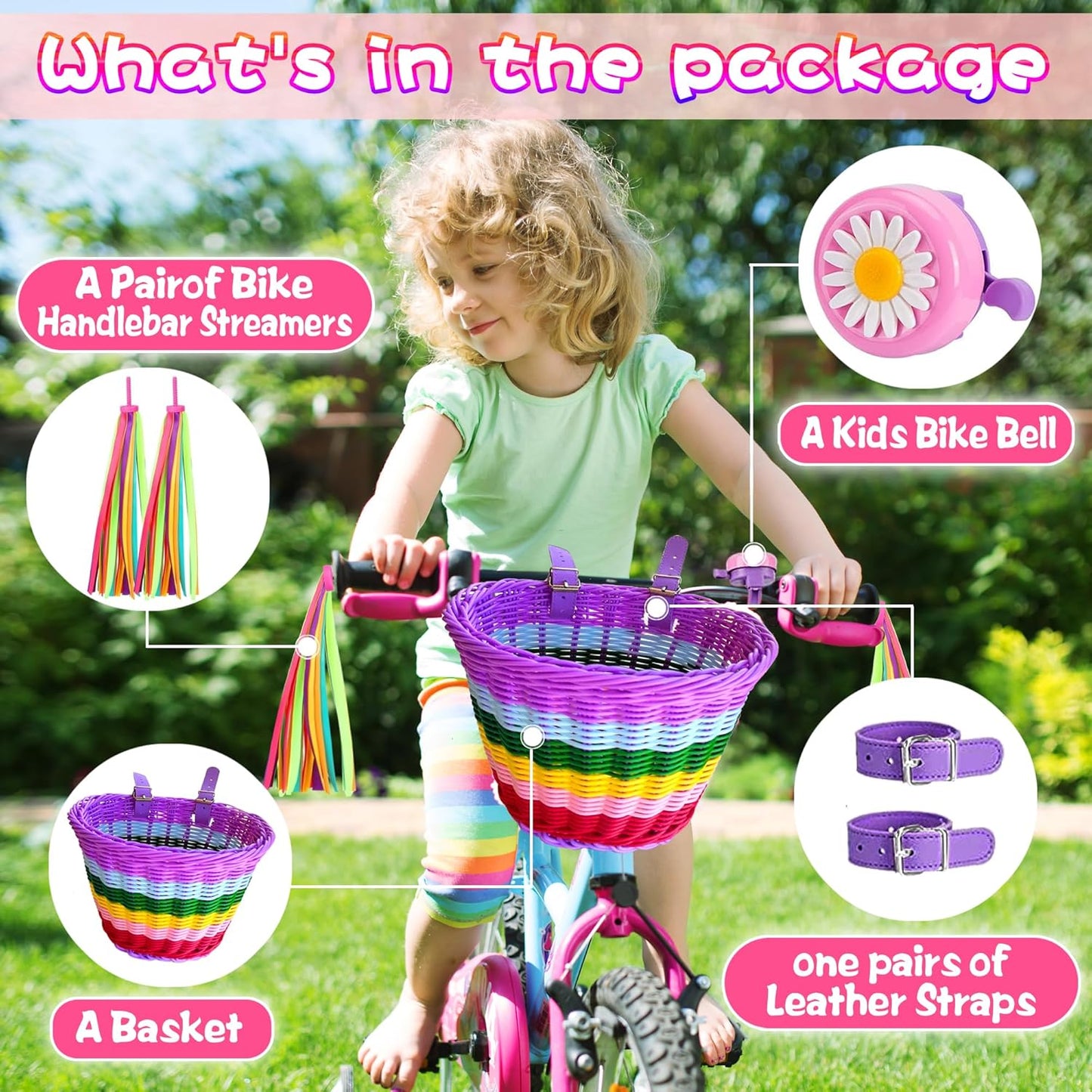 Kids Bike Basket Set,Girl Bike Basket Handwoven,Bike Baskets for Kids,Install Detachable,Fits Most Bikes,Stationary Bike, Ebike, Road Bike ﻿