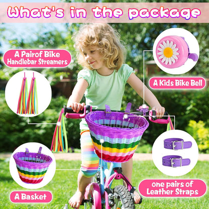 Kids Bike Basket Set,Girl Bike Basket Handwoven,Bike Baskets for Kids,Install Detachable,Fits Most Bikes,Stationary Bike, Ebike, Road Bike ﻿