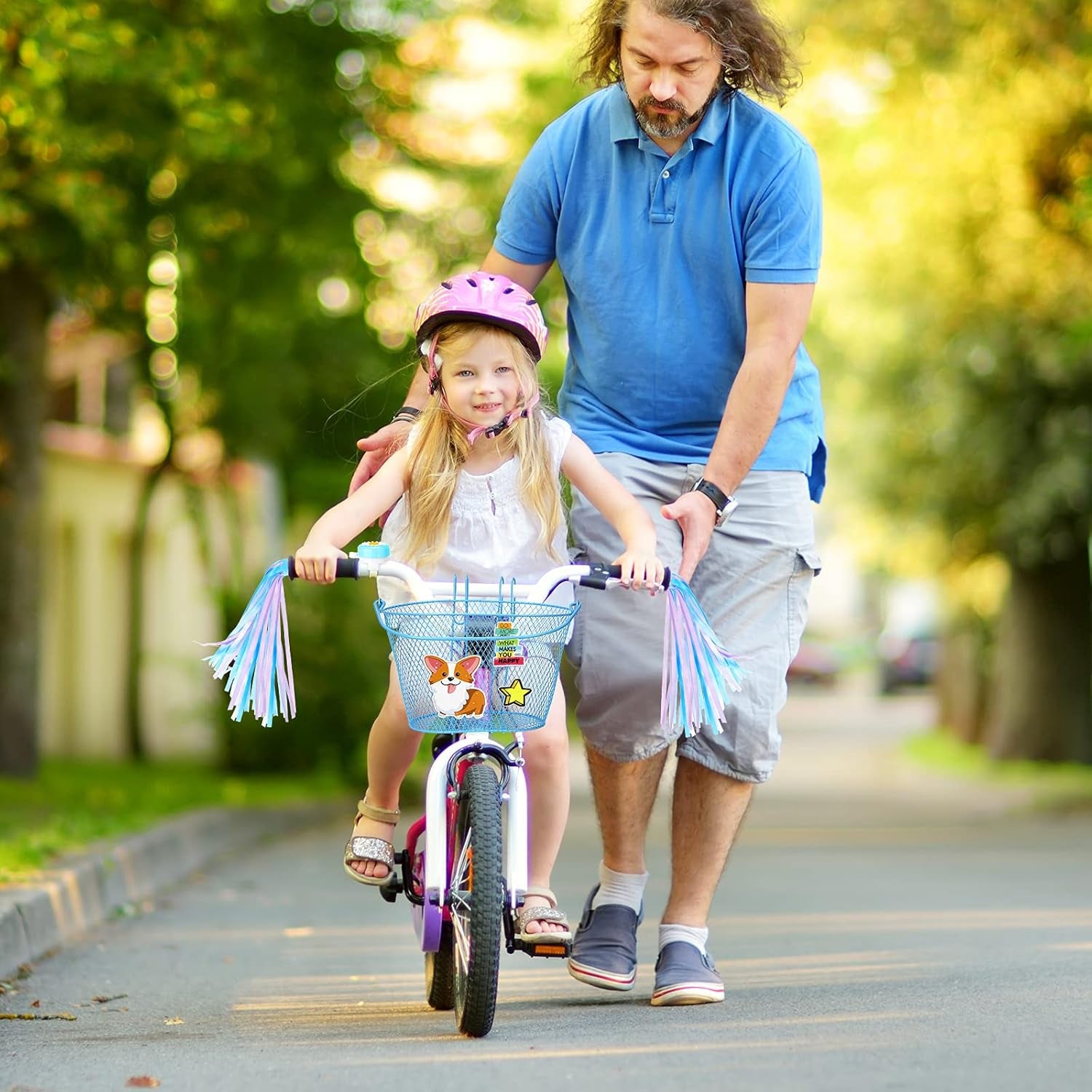 Kid'S Bicycle Basket Streamers Set, Children'S Bike Wire Mesh Basket with 2 Pieces Colorful Bike Streamers, Bell and 30 Pieces Stickers, Bicycle Decoration Accessories for Boys and Girls