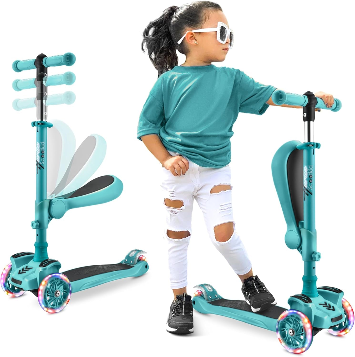 3-Wheeled Scooter for Kids - Wheel LED Lights, Adjustable Lean-To-Steer Handlebar, and Foldable Seat - Sit or Stand Ride with Brake for Boys and Girls Ages 1-14 Years Old