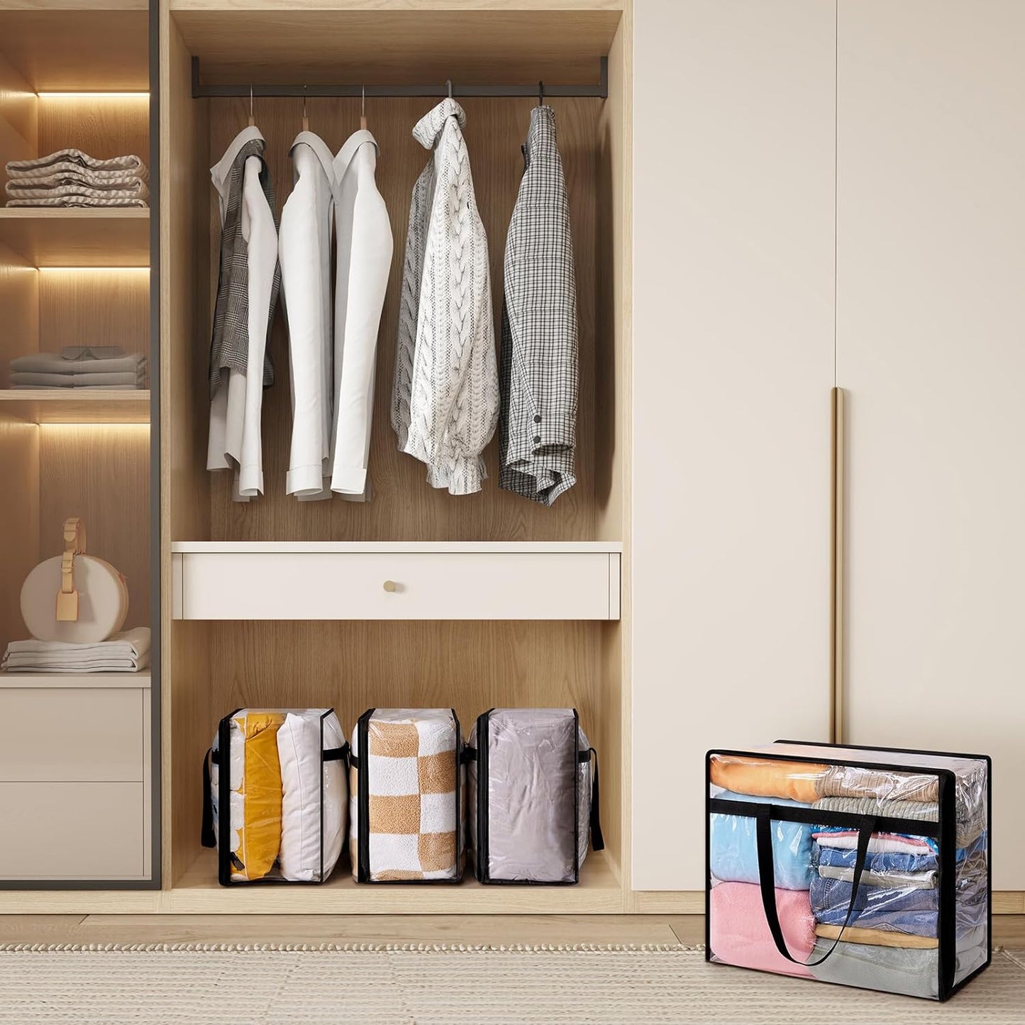 4 Pack Clear Plastic Storage Bags, 40L Foldable Clothes Storage Boxes Wardrobe Organizer Moving Bags with Reinforced Handle for Loft Wardrobe for Bedding Clothes Blanket Duvet