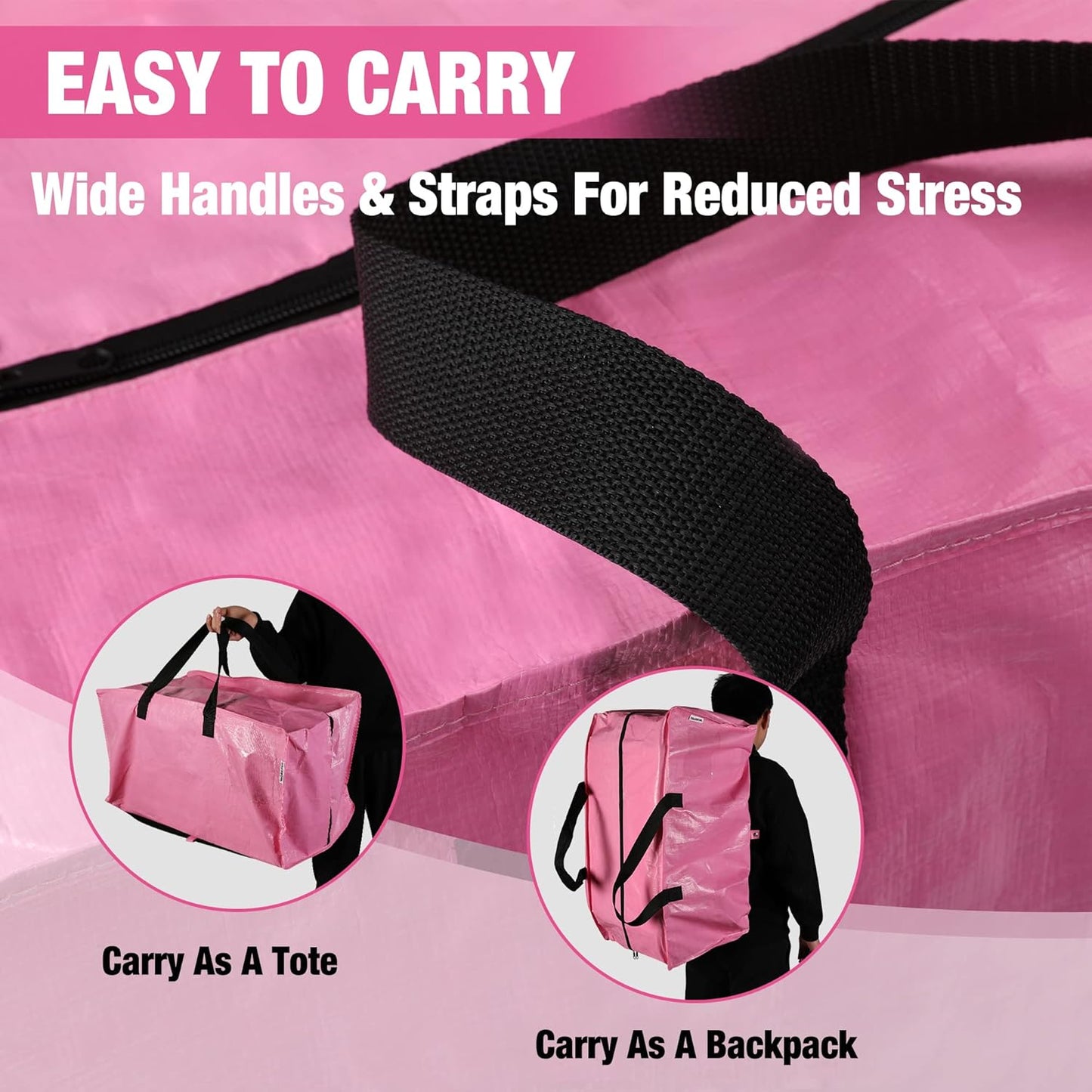 6 Pack Extra Large Moving Bags with Zippers & Carrying Handles Backpack Straps, Heavy-Duty Storage Tote for Space Saving Moving Storage - Pink