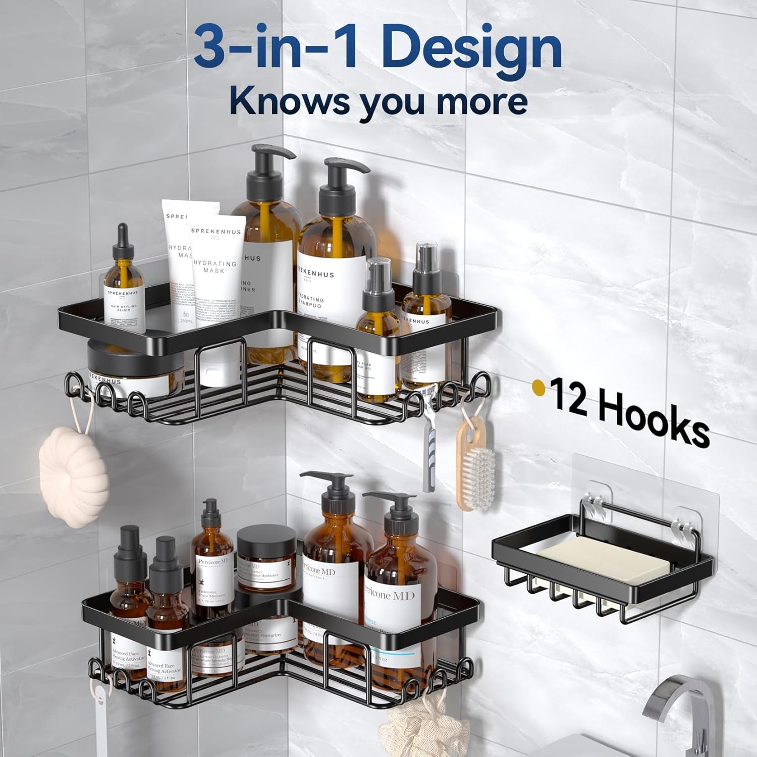 3 in 1 corner shower caddy set with hooks and soap holder