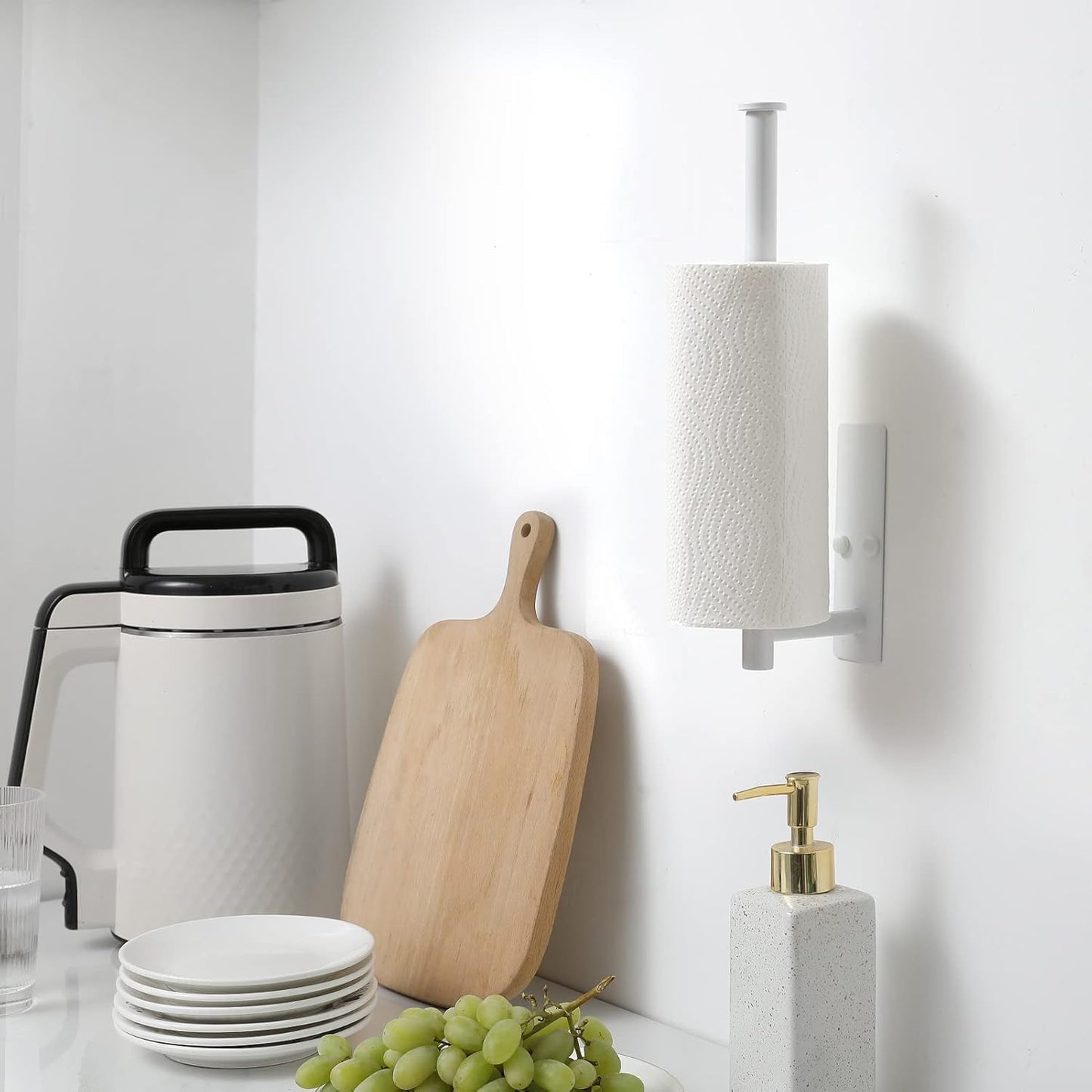 White Paper Towel Holder - under Cabinet Paper Towel Holder for Kitchen, Adhesive Paper Towel Roll Rack for Bathroom Towel, Wall Mounted Matte Black Paper Towel Rack, SUS304 Stainless Steel