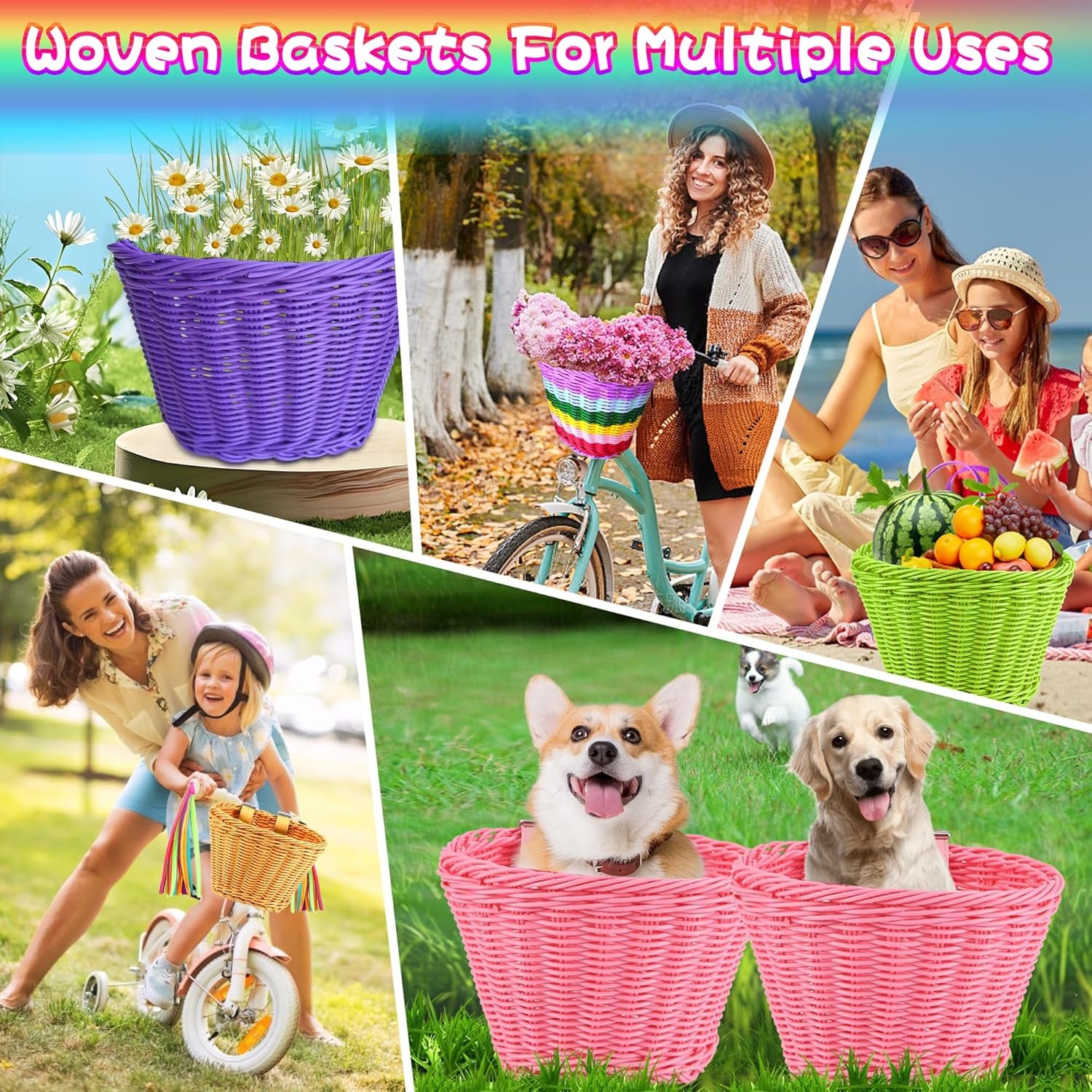 Kids Bike Basket Set,Girl Bike Basket Handwoven,Bike Baskets for Kids,Install Detachable,Fits Most Bikes,Stationary Bike, Ebike, Road Bike ﻿