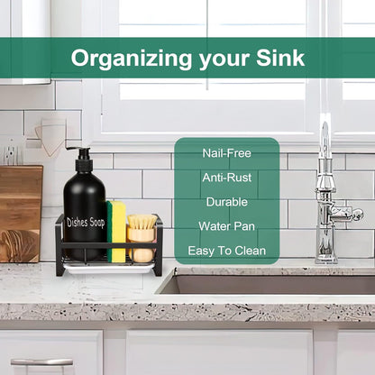 Sponge Holder for Kitchen Sink- Stainless Steel Kitchen Sink Caddy for Organizing Sponge, Brush & Soap Dish Dispenser, Kitchen Sink Organizer Rack with Adhesive or Counter Top, Black