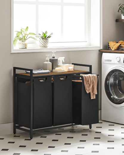 3-Bag Laundry Hamper with Shelf & Pull-Out Removable Baskets