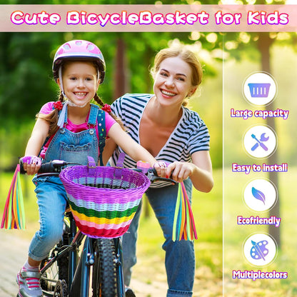 Kids Bike Basket Set,Girl Bike Basket Handwoven,Bike Baskets for Kids,Install Detachable,Fits Most Bikes,Stationary Bike, Ebike, Road Bike ﻿