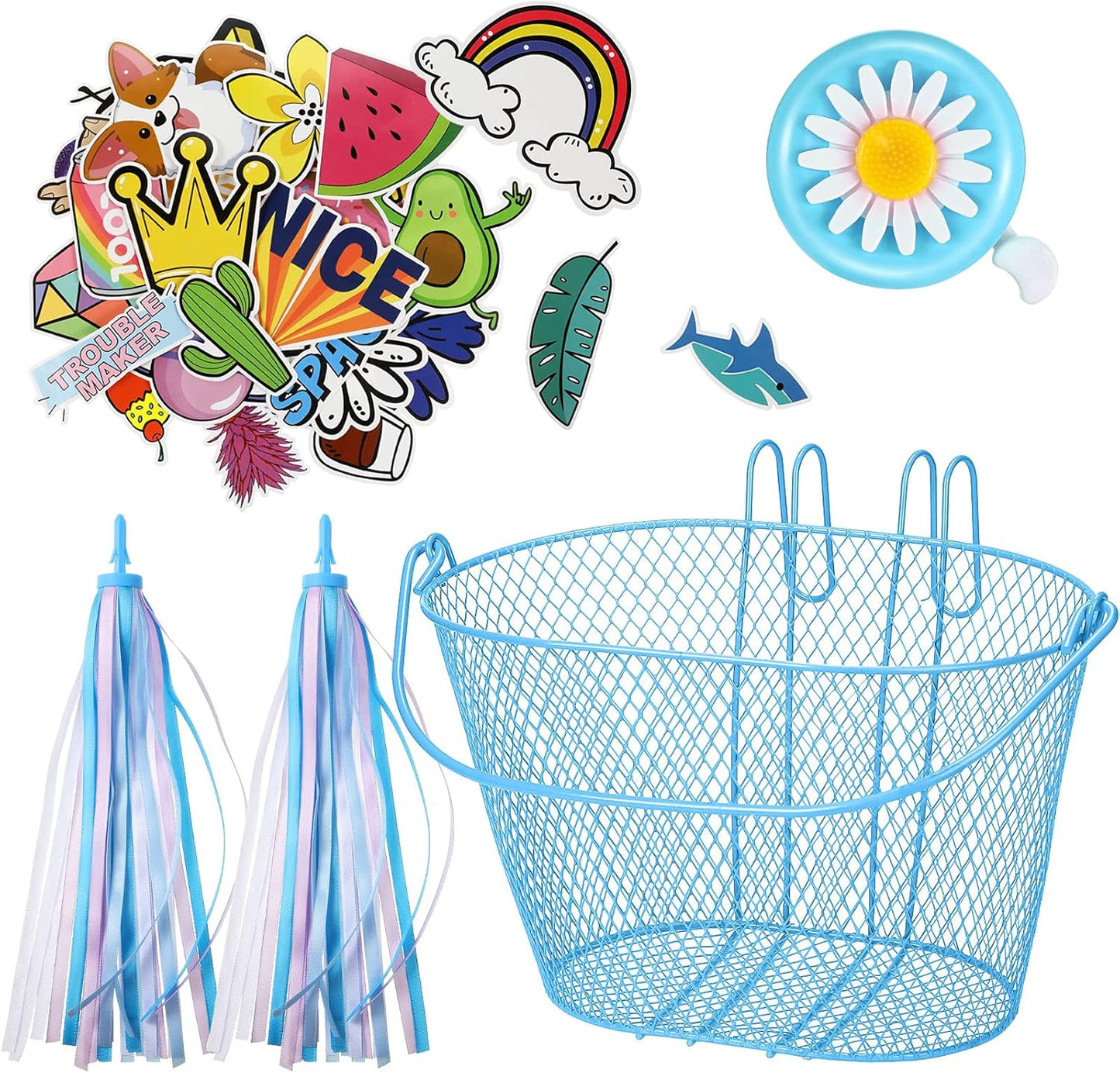 Kid'S Bicycle Basket Streamers Set, Children'S Bike Wire Mesh Basket with 2 Pieces Colorful Bike Streamers, Bell and 30 Pieces Stickers, Bicycle Decoration Accessories for Boys and Girls