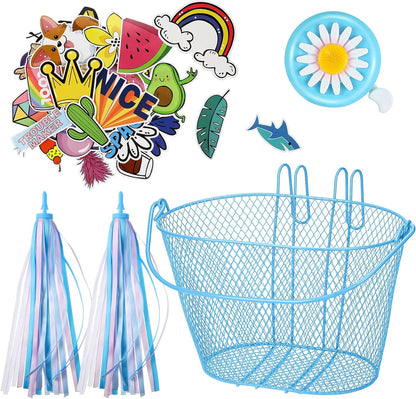 Kid'S Bicycle Basket Streamers Set, Children'S Bike Wire Mesh Basket with 2 Pieces Colorful Bike Streamers, Bell and 30 Pieces Stickers, Bicycle Decoration Accessories for Boys and Girls