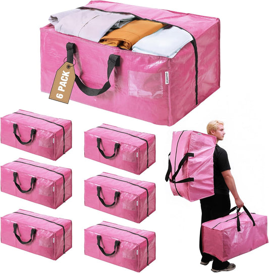 6 Pack Extra Large Moving Bags with Zippers & Carrying Handles Backpack Straps, Heavy-Duty Storage Tote for Space Saving Moving Storage - Pink