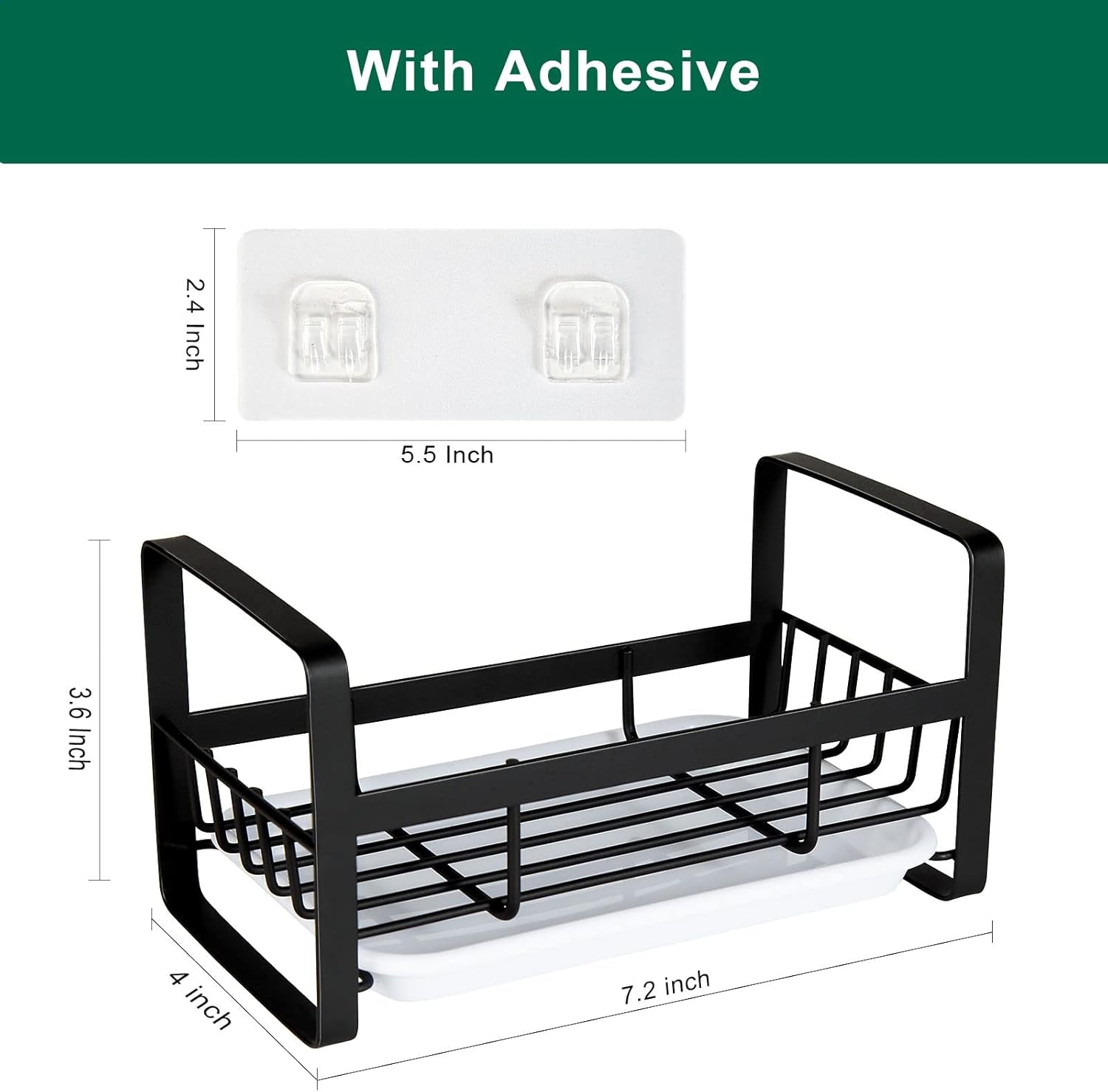 Sponge Holder for Kitchen Sink- Stainless Steel Kitchen Sink Caddy for Organizing Sponge, Brush & Soap Dish Dispenser, Kitchen Sink Organizer Rack with Adhesive or Counter Top, Black