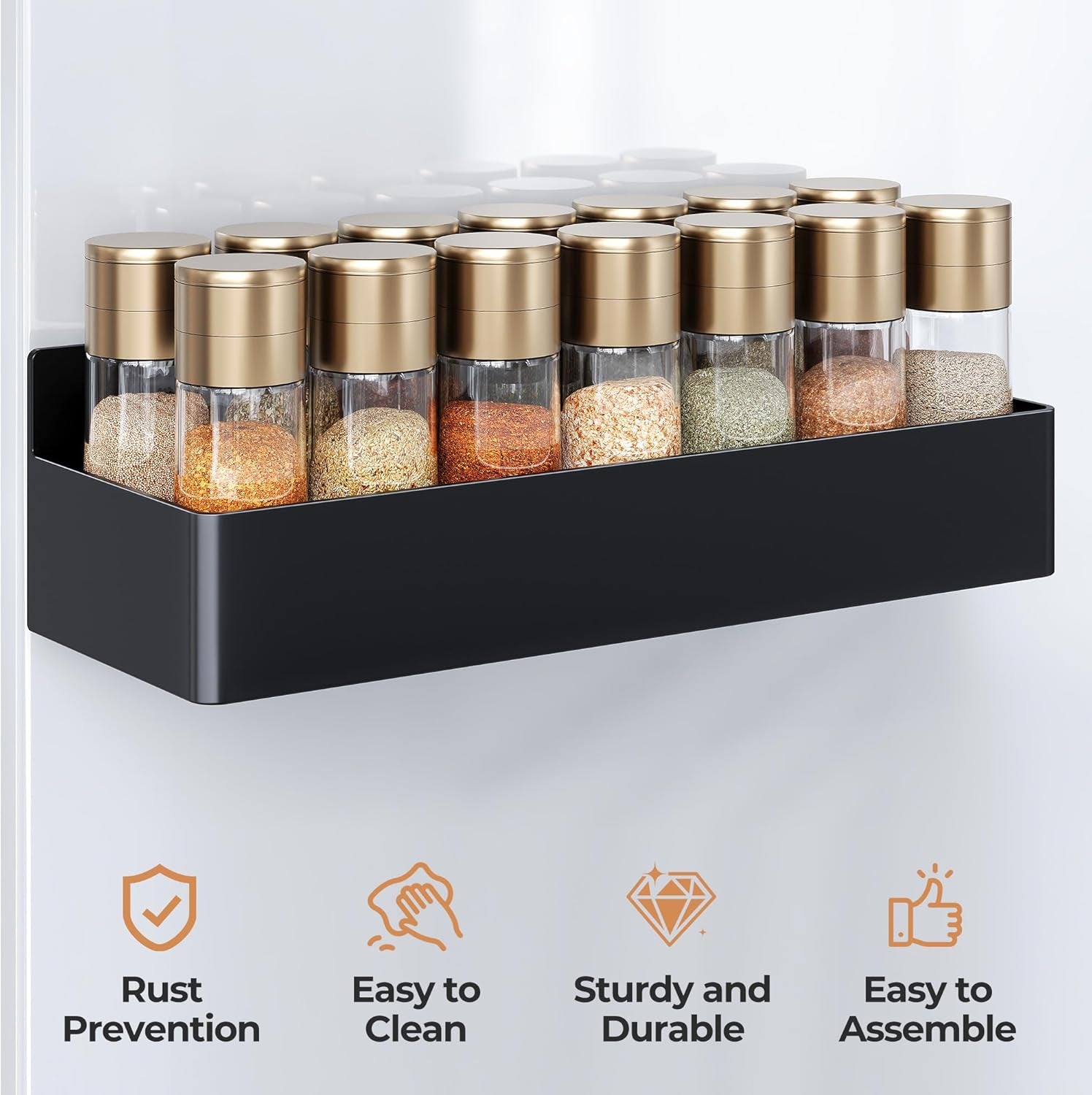 Magnetic Spice Rack for Refrigerator, Kitchen Organizer and Storage Shelf, Black (4 Pack)