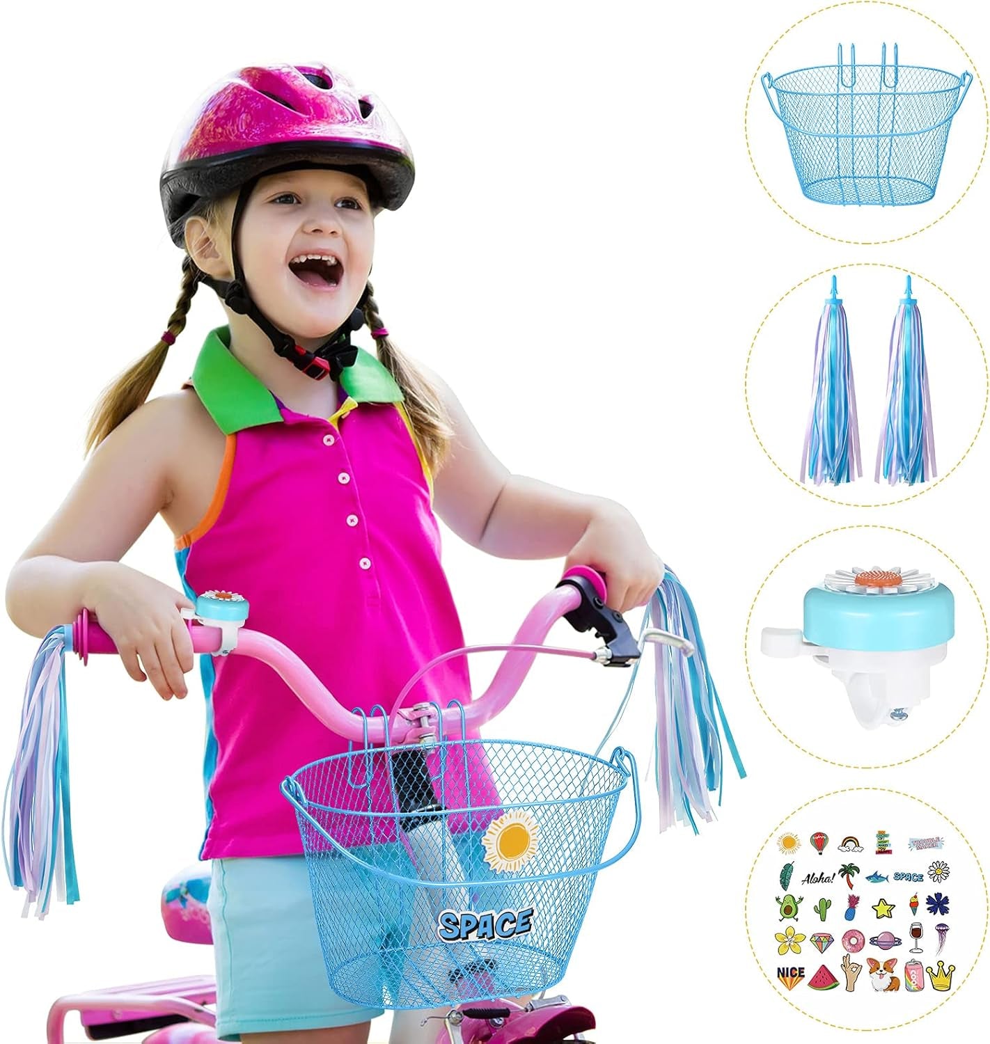 Kid'S Bicycle Basket Streamers Set, Children'S Bike Wire Mesh Basket with 2 Pieces Colorful Bike Streamers, Bell and 30 Pieces Stickers, Bicycle Decoration Accessories for Boys and Girls