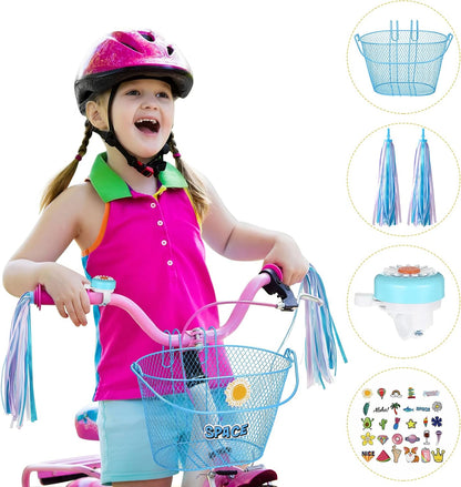 Kid'S Bicycle Basket Streamers Set, Children'S Bike Wire Mesh Basket with 2 Pieces Colorful Bike Streamers, Bell and 30 Pieces Stickers, Bicycle Decoration Accessories for Boys and Girls
