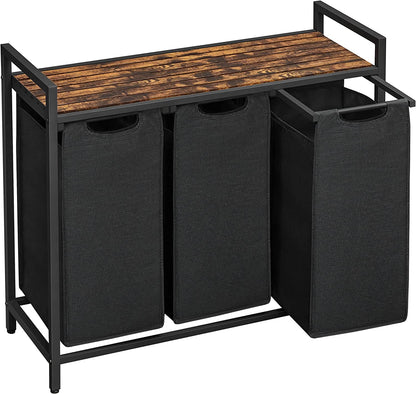 Laundry Hamper, Laundry Basket, Laundry Sorter with 3 Pull-Out and Removable Bags, Shelf, Metal Frame, 3 X 10 Gallons (38L), 36.4 X 13 X 28.4 Inches, Rustic Brown and Black UBLH301B01