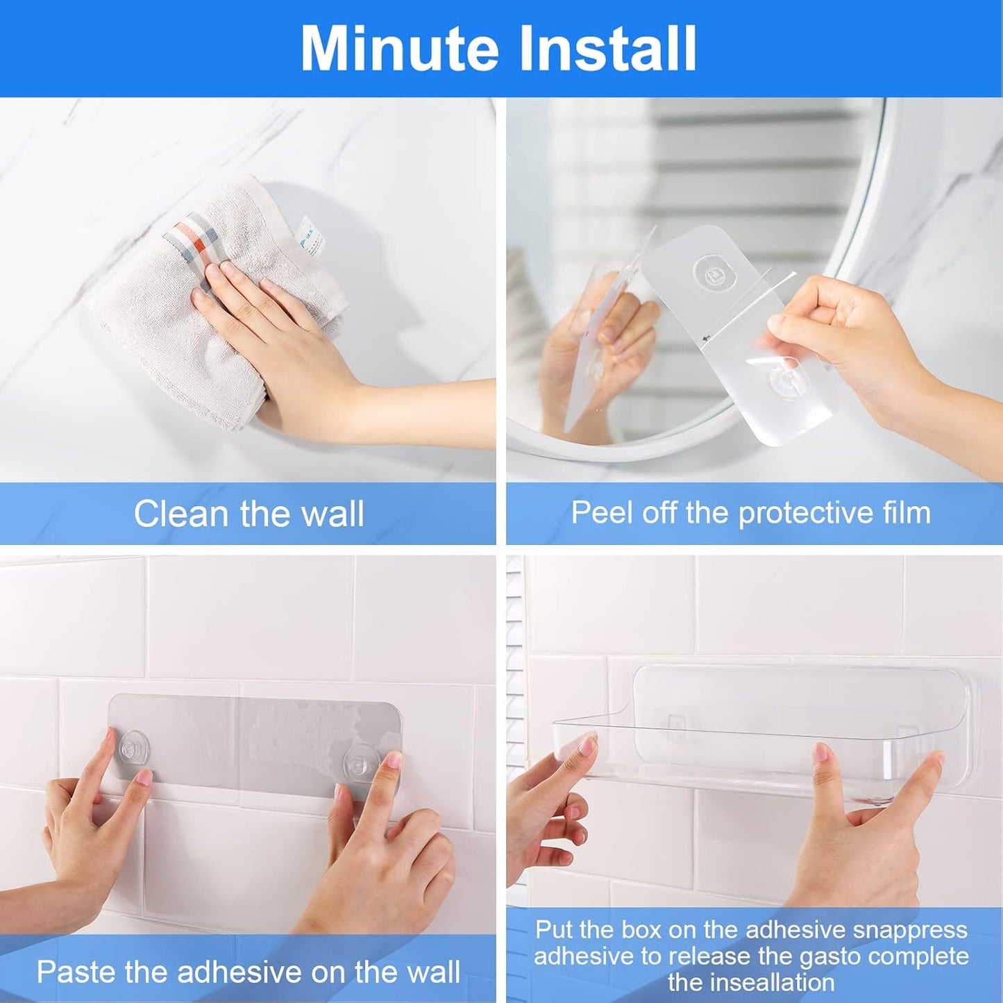 Acrylic Wall Mounted Shower Caddy, Clear, 12.4" X 3.42" X 3.26" Acrylic Shelf, No Drilling Hang Walls Adhesive Shelf, Acrylic Bathroom Shelves with Self Adhesive Tape for Bathroom, Kitchen