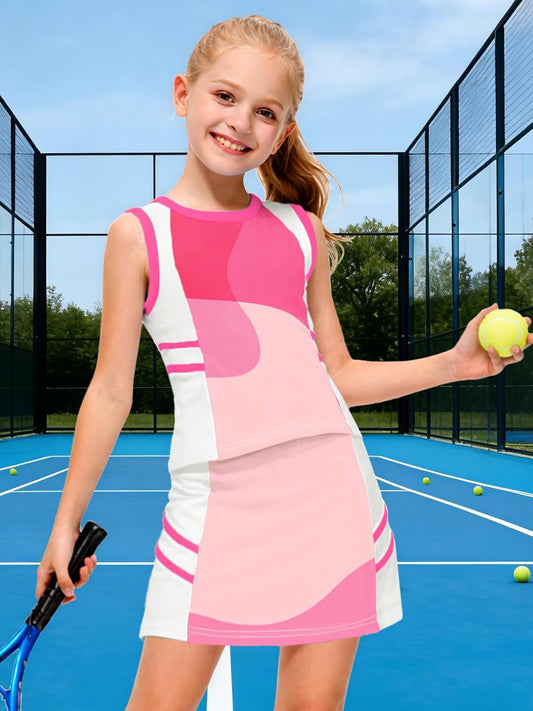 Girls Tennis Golf Outfit Tank Top and Skirt with Shorts Set 4-12 Years