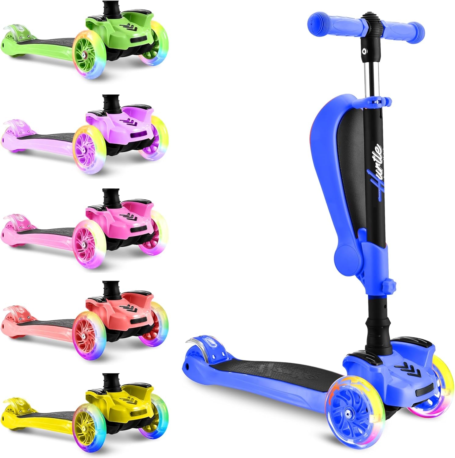 3-Wheeled Scooter for Kids - Wheel LED Lights, Adjustable Lean-To-Steer Handlebar, and Foldable Seat - Sit or Stand Ride with Brake for Boys and Girls Ages 1-14 Years Old