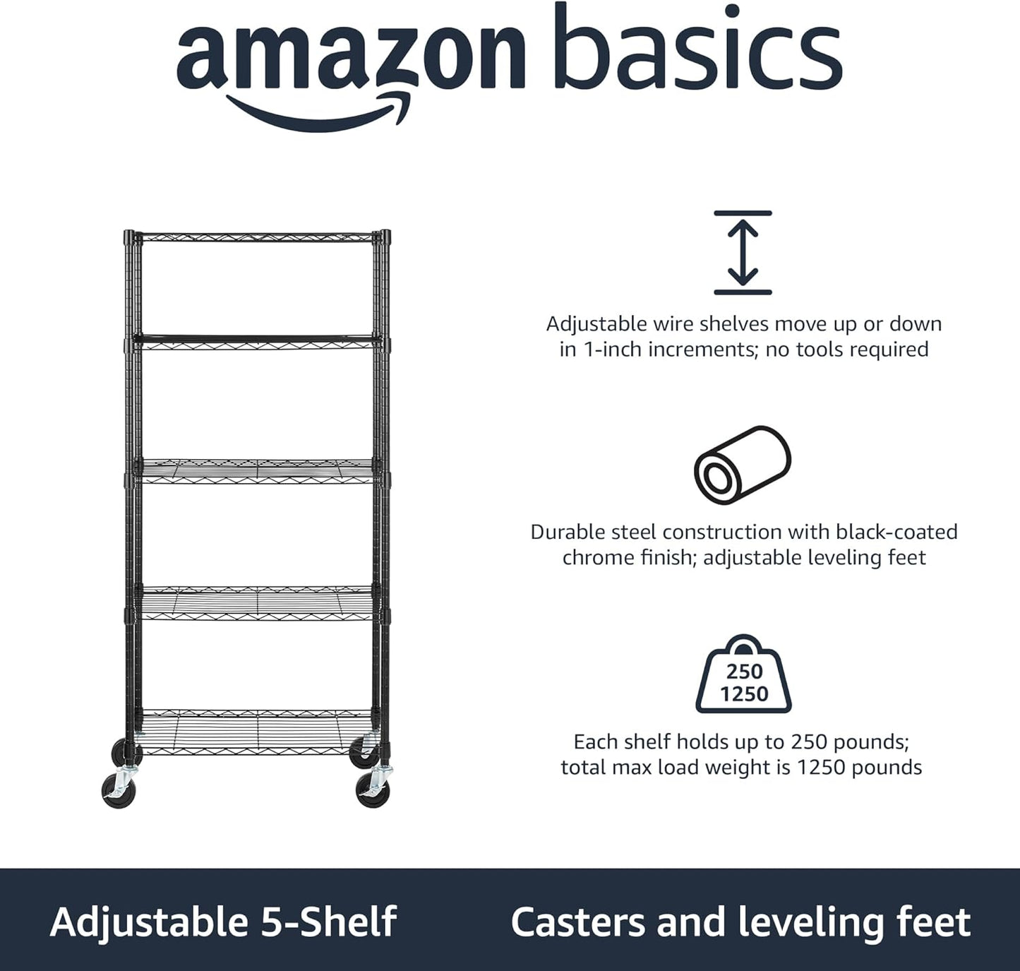 5-Shelf Adjustable, Heavy Duty Storage Shelving Unit on 10Cm Wheel Casters, Metal Organizer Wire Rack, Black (76L X 36W X 164H) Cm