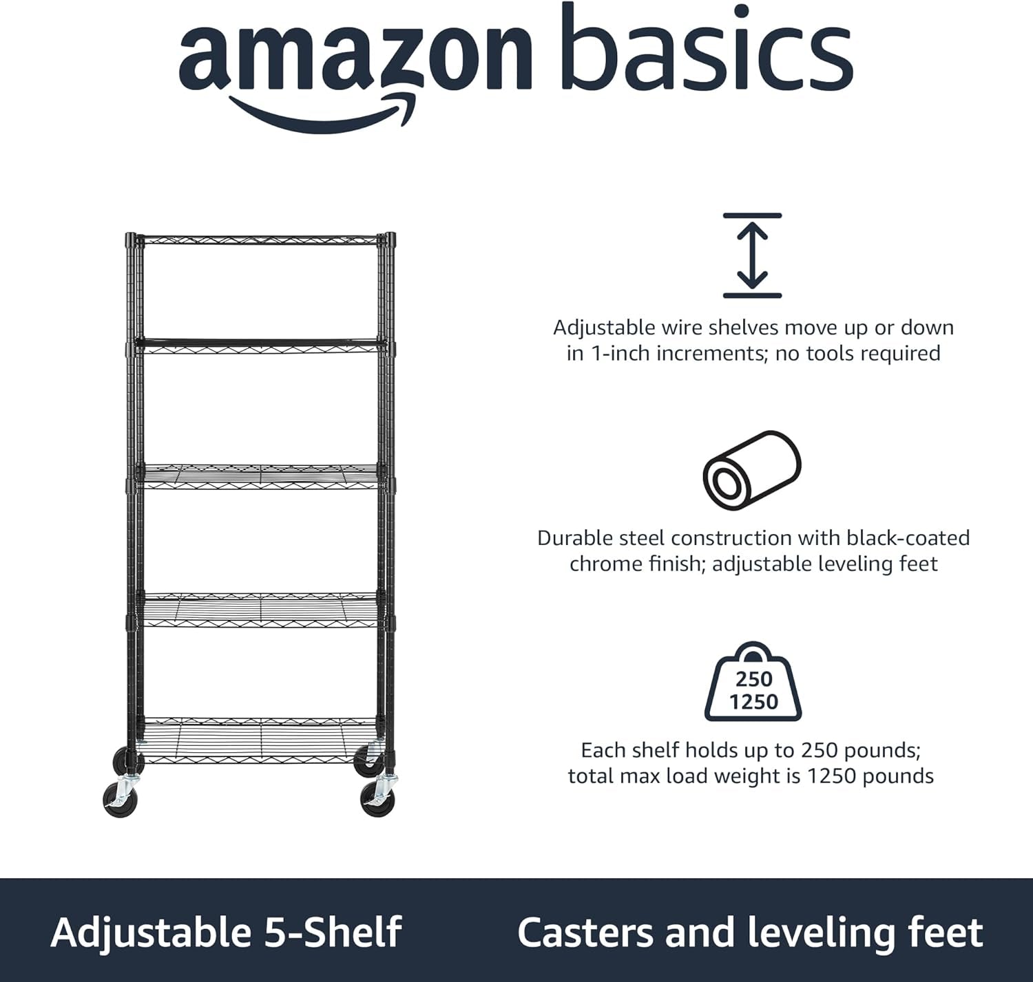 5-Shelf Adjustable, Heavy Duty Storage Shelving Unit on 10Cm Wheel Casters, Metal Organizer Wire Rack, Black (76L X 36W X 164H) Cm