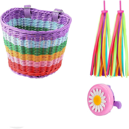 Kids Bike Basket Set,Girl Bike Basket Handwoven,Bike Baskets for Kids,Install Detachable,Fits Most Bikes,Stationary Bike, Ebike, Road Bike ﻿