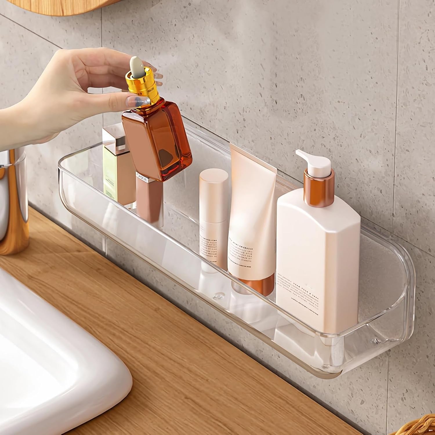 Acrylic Wall Mounted Shower Caddy, Clear, 12.4" X 3.42" X 3.26" Acrylic Shelf, No Drilling Hang Walls Adhesive Shelf, Acrylic Bathroom Shelves with Self Adhesive Tape for Bathroom, Kitchen