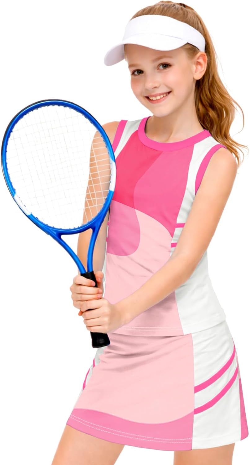 Girls Tennis Golf Outfit Tank Top and Skirt with Shorts Set 4-12 Years
