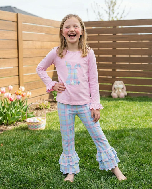 Girls Easter Bunny Plaid 2 Piece Ruffle Legging Outfit