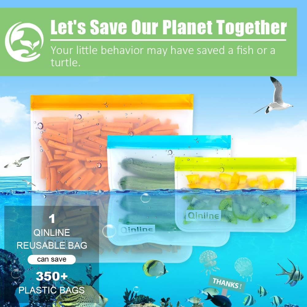 Reusable Food Storage Bags - 10 Pack BPA FREE Flat Freezer Bags(2 Reusable Gallon Bags + 4 Leakproof Reusable Sandwich Bags + 4 Food Grade Kids Snack Bags) Resealable Lunch Bag for Meat Fruit Veggies