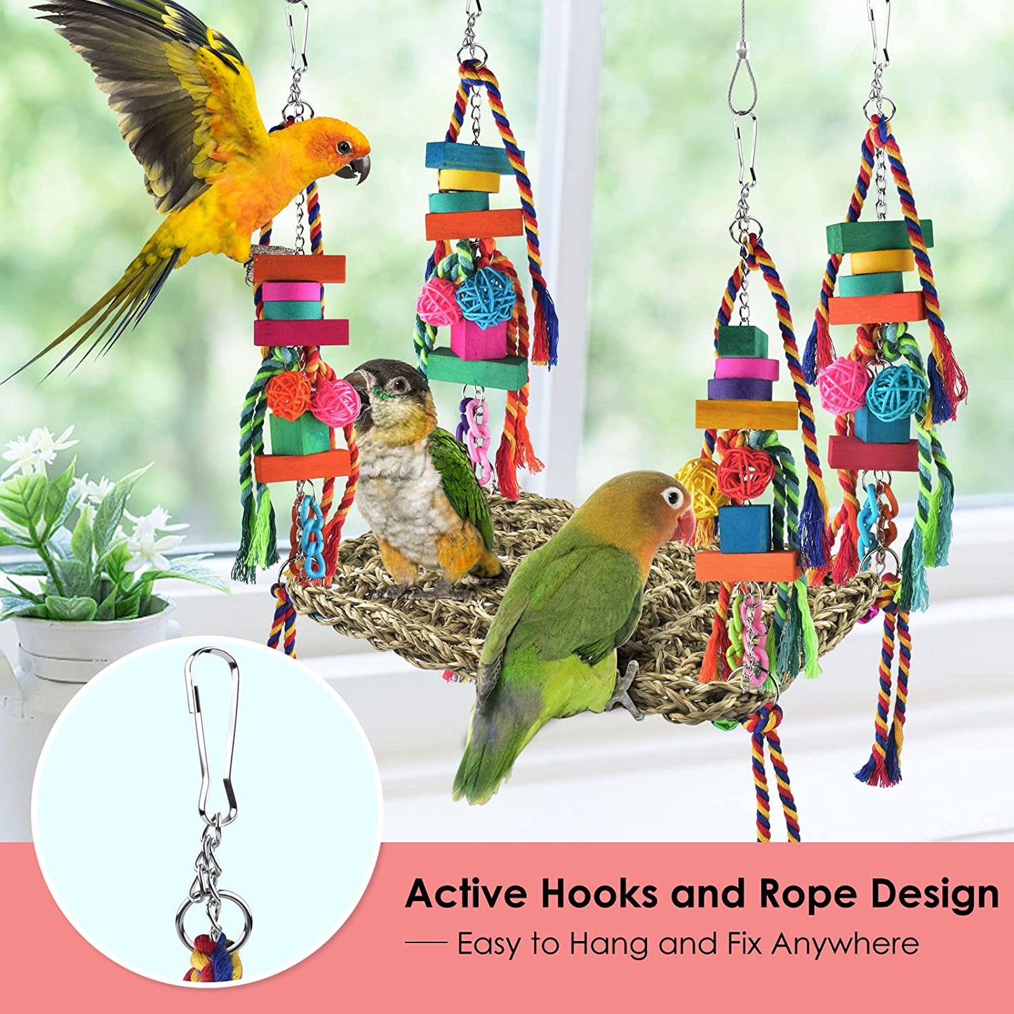 Bird Toys, Bird Foraging Wall Toy Large Size Seagrass Woven Climbing Hammock Swing Mat with Colorful Chewing Toys for Lovebird, Parakeet, Budgie, Conure, Cockatiel, Small Birds