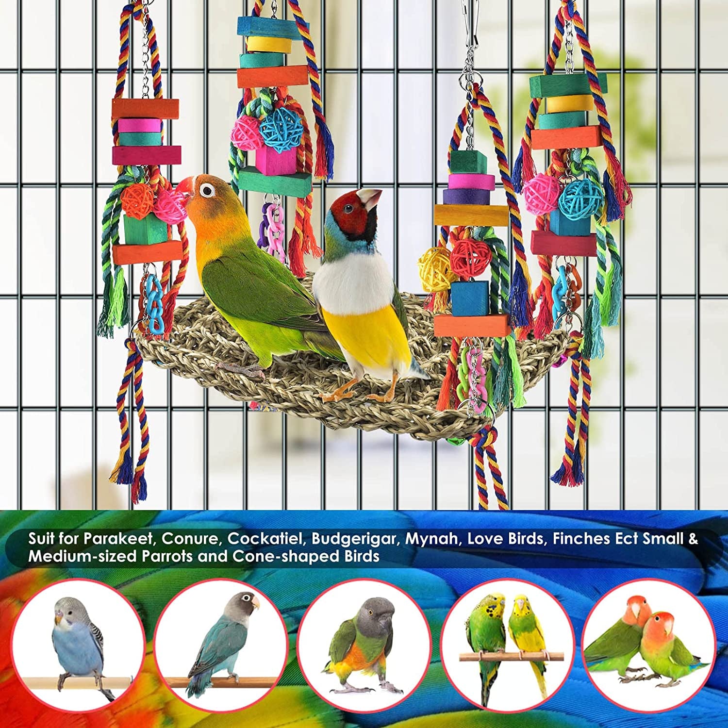 Bird Toys, Bird Foraging Wall Toy Large Size Seagrass Woven Climbing Hammock Swing Mat with Colorful Chewing Toys for Lovebird, Parakeet, Budgie, Conure, Cockatiel, Small Birds
