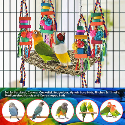 Bird Toys, Bird Foraging Wall Toy Large Size Seagrass Woven Climbing Hammock Swing Mat with Colorful Chewing Toys for Lovebird, Parakeet, Budgie, Conure, Cockatiel, Small Birds