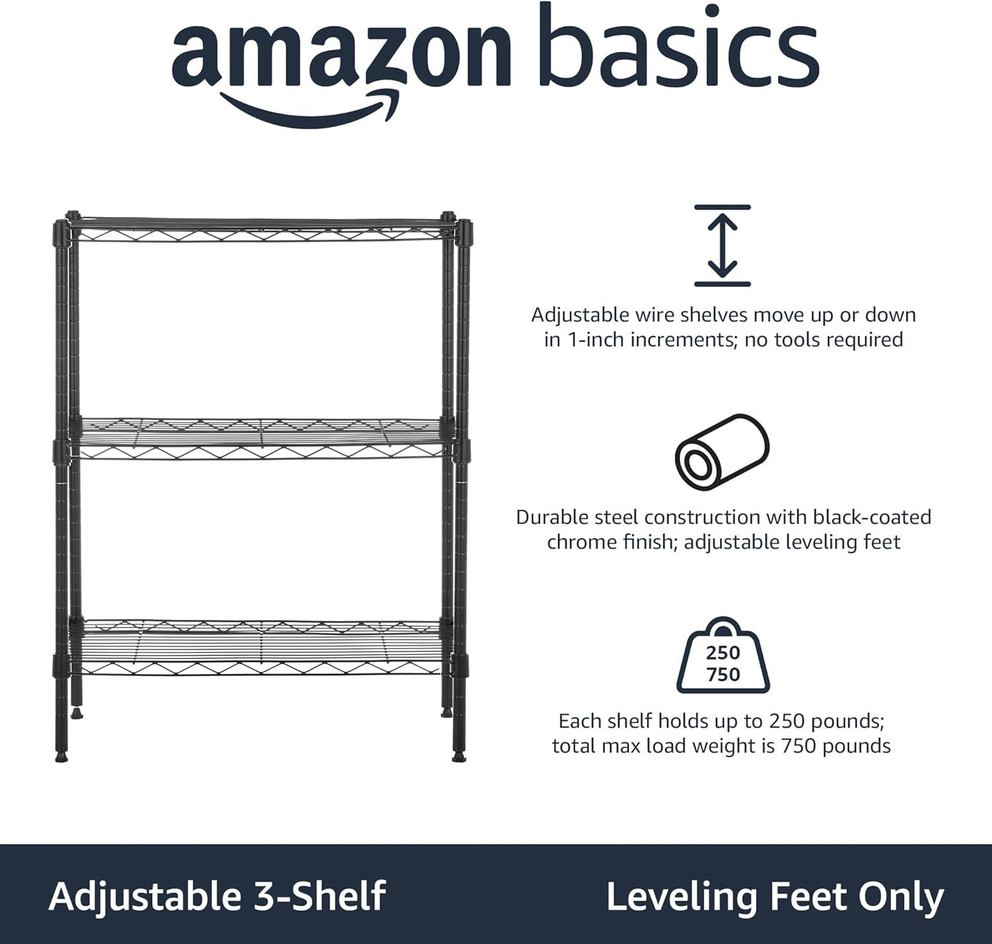 3-Shelf Adjustable, Heavy Duty Storage Shelving Unit (113 Kilograms Loading Capacity per Shelf), Steel Organizer Wire Rack, Black (59 X 34 X 76, Lxwxh) Cm