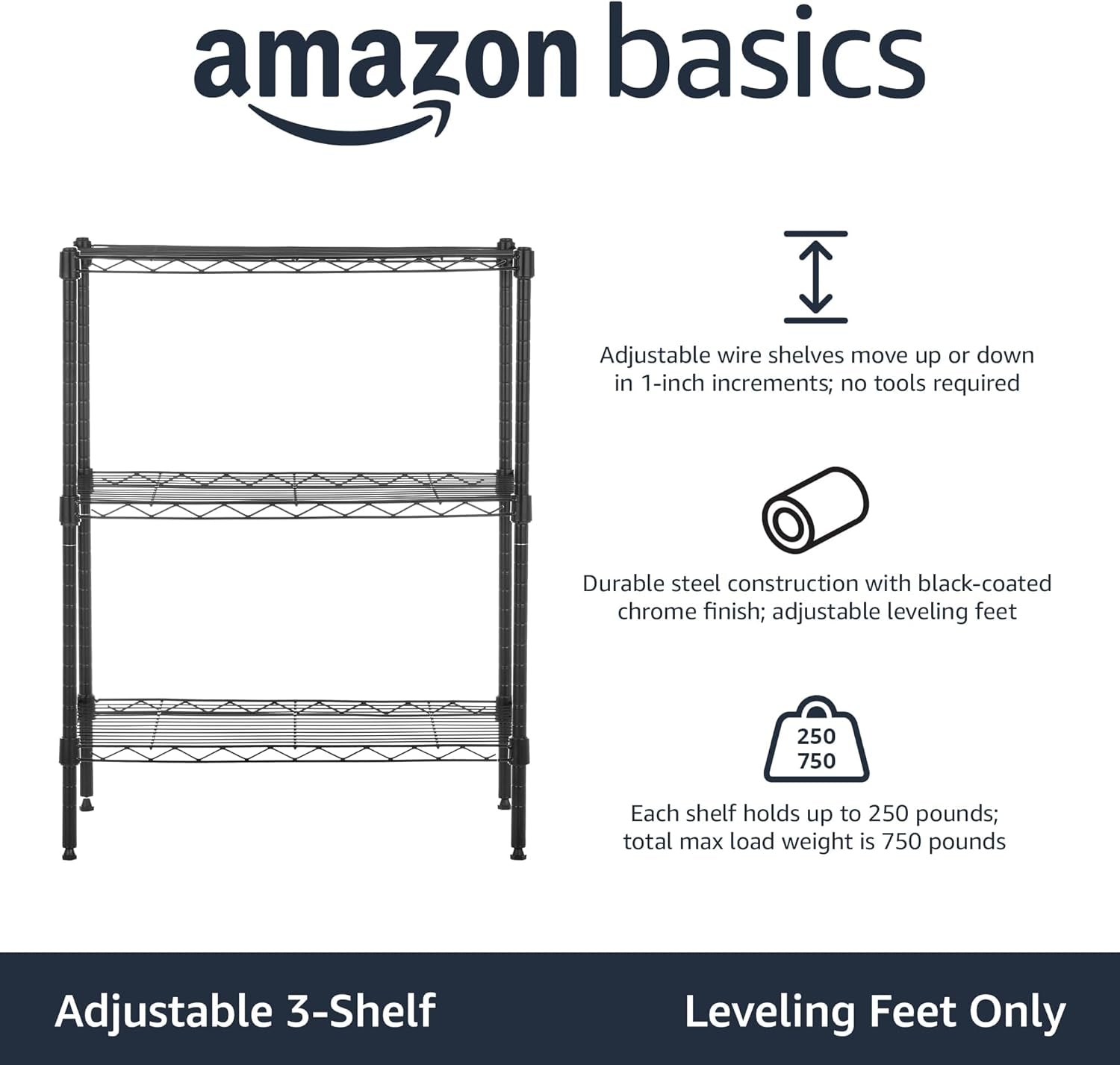 3-Shelf Adjustable, Heavy Duty Storage Shelving Unit (113 Kilograms Loading Capacity per Shelf), Steel Organizer Wire Rack, Black (59 X 34 X 76, Lxwxh) Cm