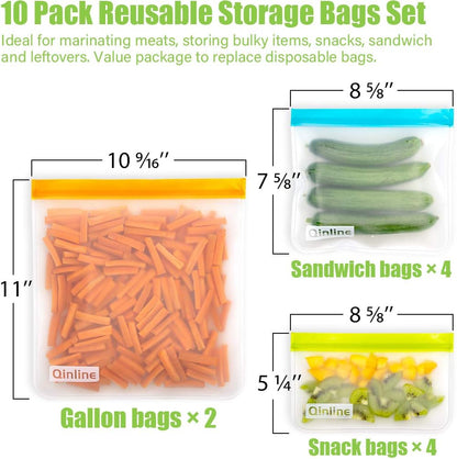 Reusable Food Storage Bags - 10 Pack BPA FREE Flat Freezer Bags(2 Reusable Gallon Bags + 4 Leakproof Reusable Sandwich Bags + 4 Food Grade Kids Snack Bags) Resealable Lunch Bag for Meat Fruit Veggies