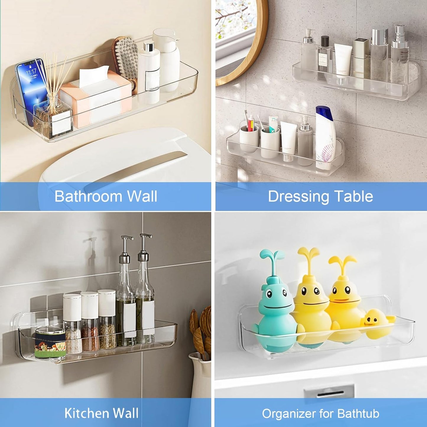 Acrylic Wall Mounted Shower Caddy, Clear, 12.4" X 3.42" X 3.26" Acrylic Shelf, No Drilling Hang Walls Adhesive Shelf, Acrylic Bathroom Shelves with Self Adhesive Tape for Bathroom, Kitchen