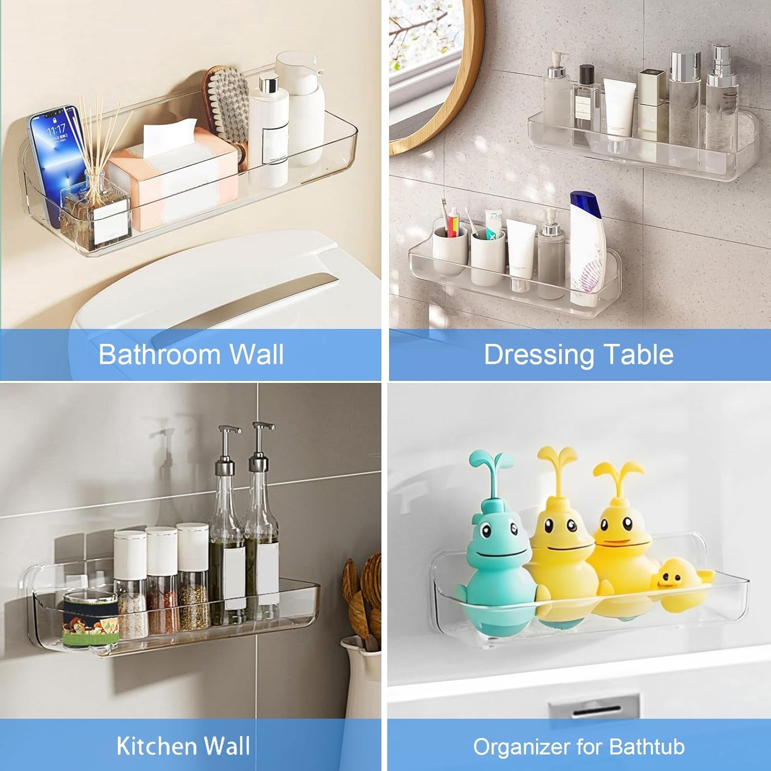Acrylic Wall Mounted Shower Caddy, Clear, 12.4" X 3.42" X 3.26" Acrylic Shelf, No Drilling Hang Walls Adhesive Shelf, Acrylic Bathroom Shelves with Self Adhesive Tape for Bathroom, Kitchen