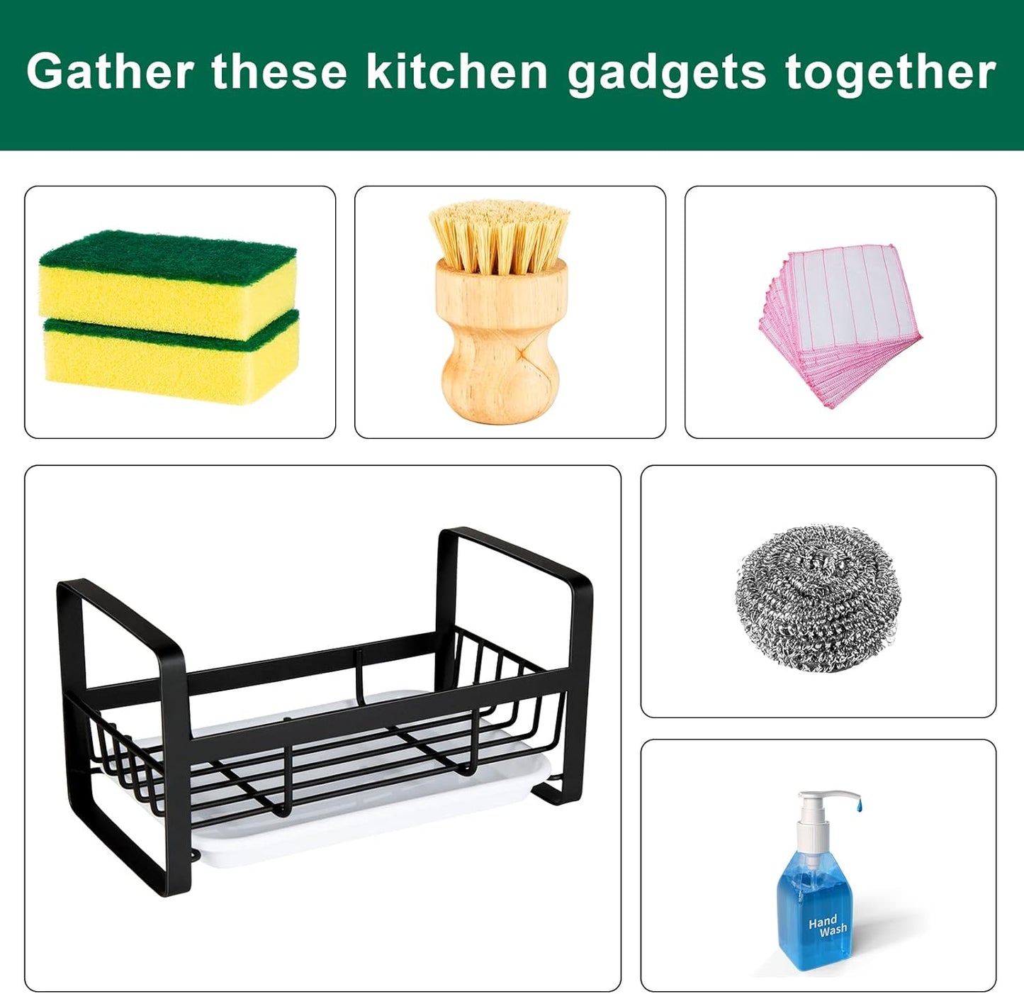 Sponge Holder for Kitchen Sink- Stainless Steel Kitchen Sink Caddy for Organizing Sponge, Brush & Soap Dish Dispenser, Kitchen Sink Organizer Rack with Adhesive or Counter Top, Black