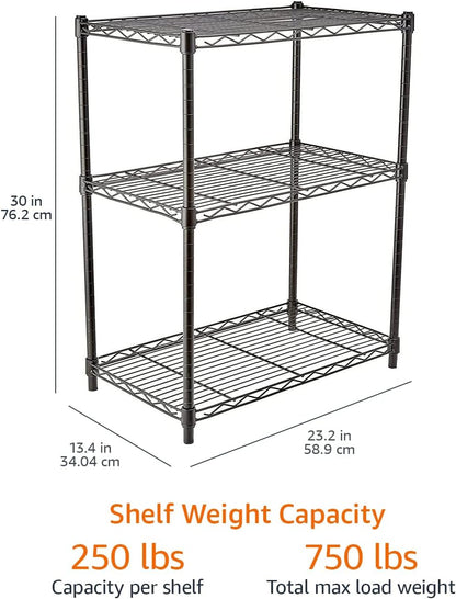 3-Shelf Adjustable, Heavy Duty Storage Shelving Unit (113 Kilograms Loading Capacity per Shelf), Steel Organizer Wire Rack, Black (59 X 34 X 76, Lxwxh) Cm