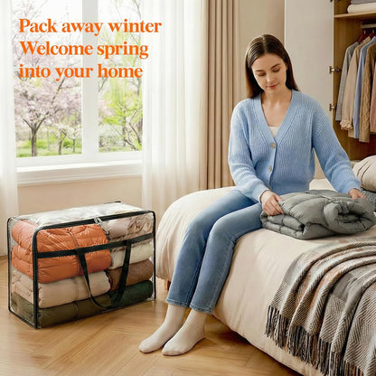 4 Pack Clear Plastic Storage Bags, 40L Foldable Clothes Storage Boxes Wardrobe Organizer Moving Bags with Reinforced Handle for Loft Wardrobe for Bedding Clothes Blanket Duvet