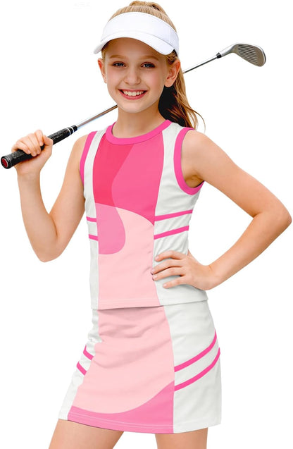 Girls Tennis Golf Outfit Tank Top and Skirt with Shorts Set 4-12 Years