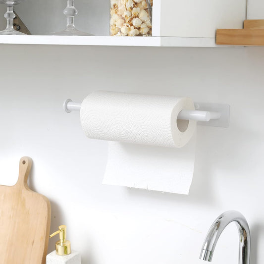 White Paper Towel Holder - under Cabinet Paper Towel Holder for Kitchen, Adhesive Paper Towel Roll Rack for Bathroom Towel, Wall Mounted Matte Black Paper Towel Rack, SUS304 Stainless Steel