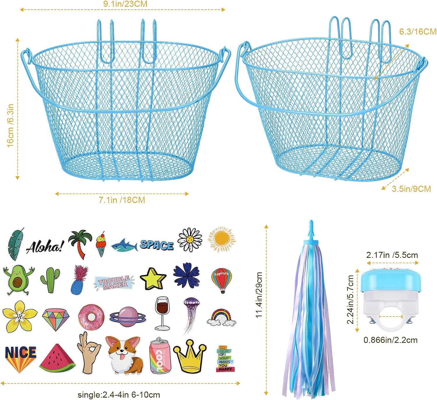 Kid'S Bicycle Basket Streamers Set, Children'S Bike Wire Mesh Basket with 2 Pieces Colorful Bike Streamers, Bell and 30 Pieces Stickers, Bicycle Decoration Accessories for Boys and Girls