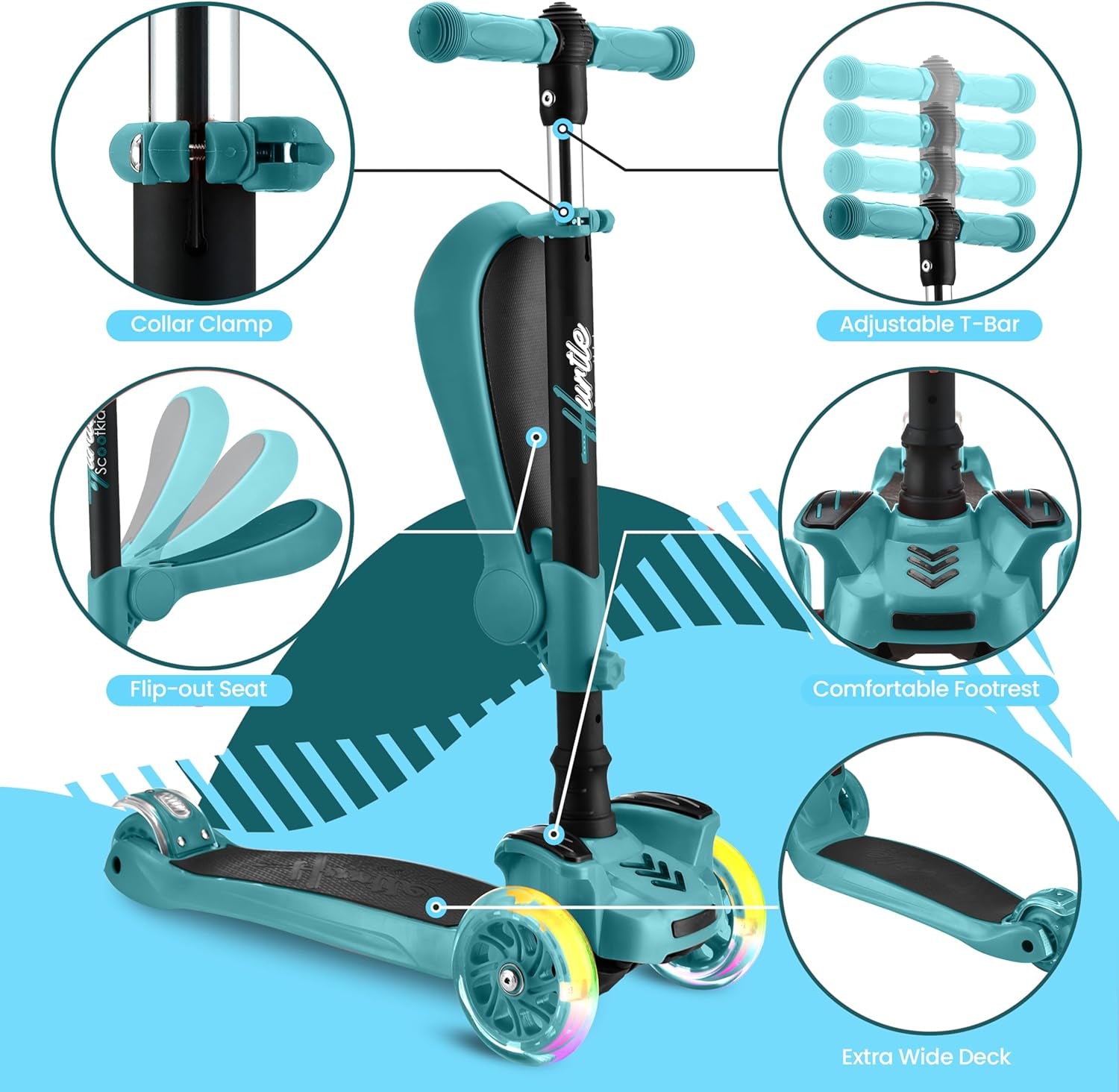3-Wheeled Scooter for Kids - Wheel LED Lights, Adjustable Lean-To-Steer Handlebar, and Foldable Seat - Sit or Stand Ride with Brake for Boys and Girls Ages 1-14 Years Old