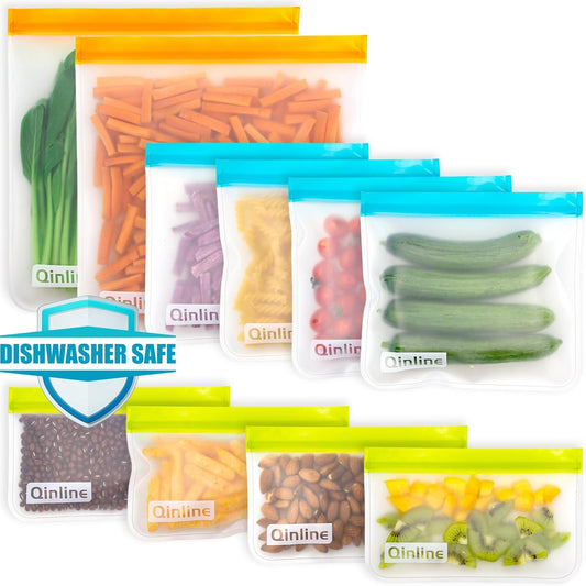 Reusable Food Storage Bags - 10 Pack BPA FREE Flat Freezer Bags(2 Reusable Gallon Bags + 4 Leakproof Reusable Sandwich Bags + 4 Food Grade Kids Snack Bags) Resealable Lunch Bag for Meat Fruit Veggies